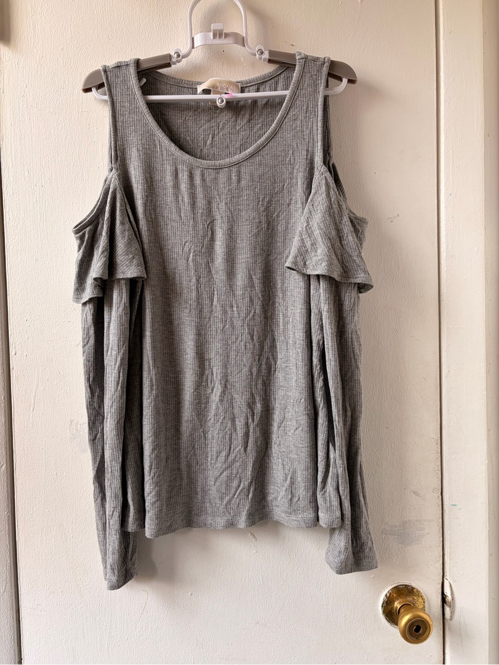 Michael Kors Light Gray Cold-Shoulder Ribbed Top Size L
